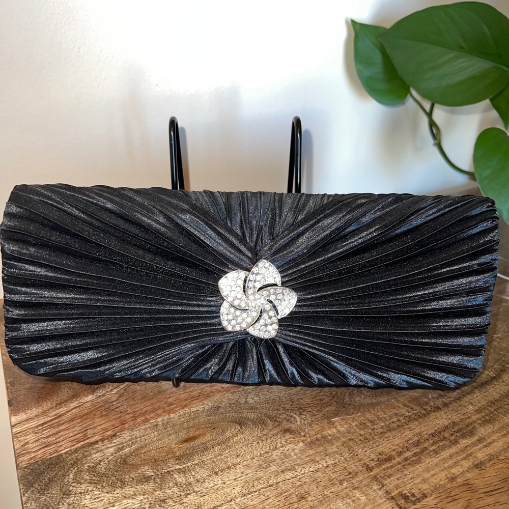 Gunne Sax Black Ruched Clutch Rhinestone Flower Evening Bag Formal Purse